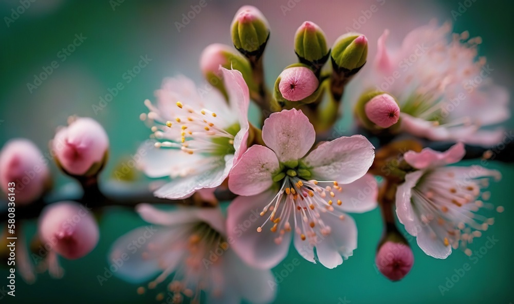  a close up of a flower on a branch with many buds on it and a green background with a blurry image 