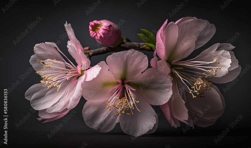  a close up of a bunch of flowers on a black background with a black background and a pink flower in
