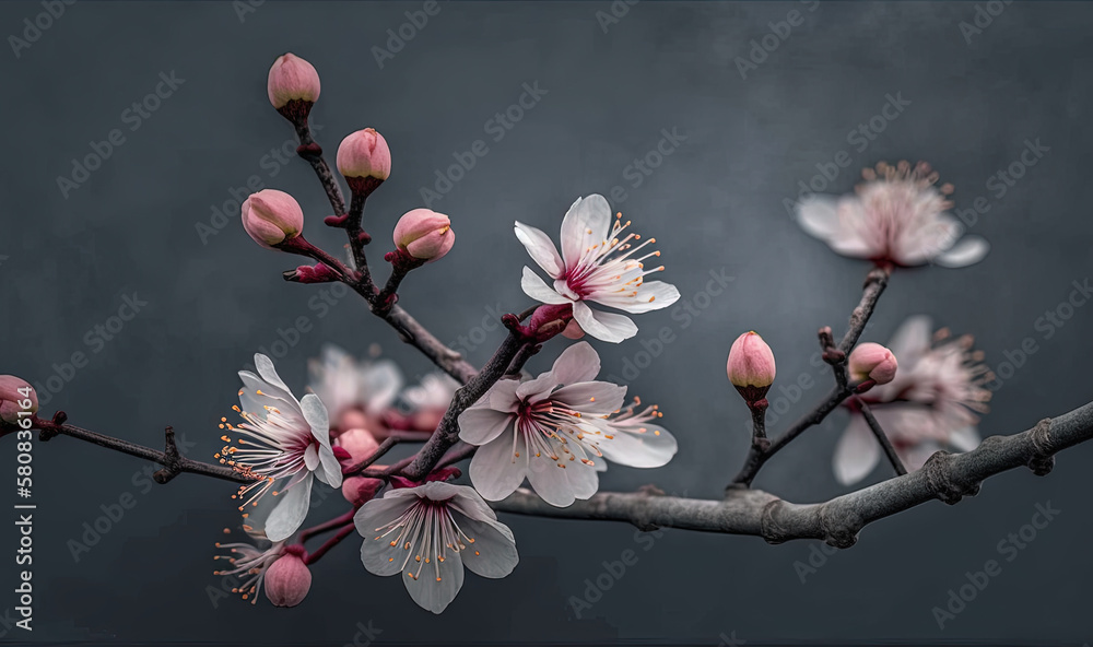 a branch of a flowering tree with pink flowers on a gray background with a black background and a g