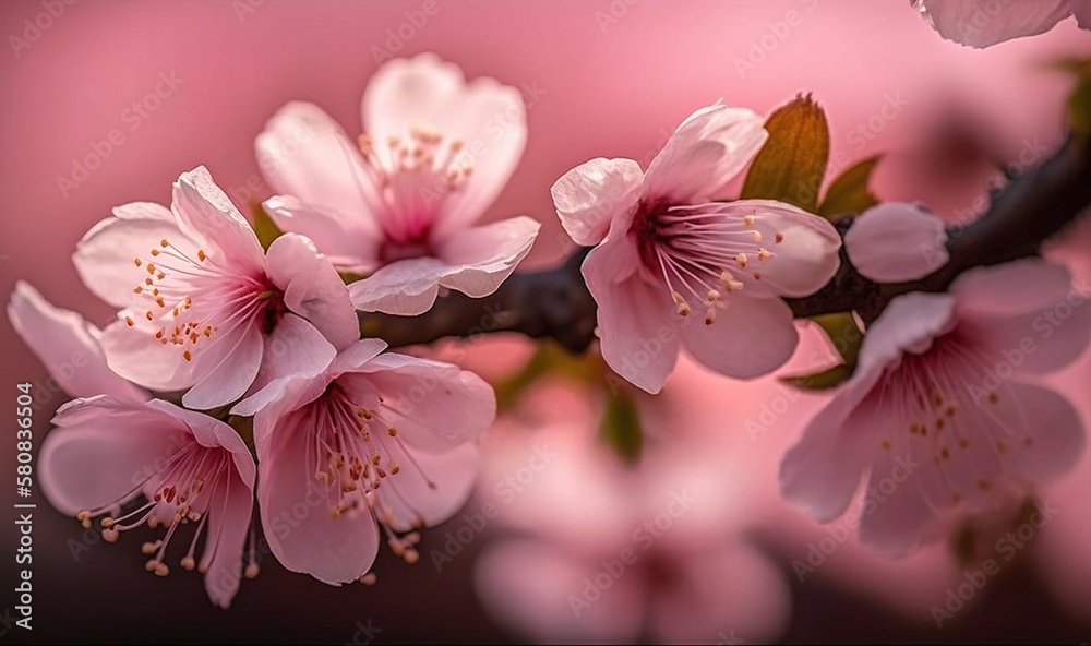  a branch of a cherry tree with pink flowers on its branches and a pink background with a pink sky 
