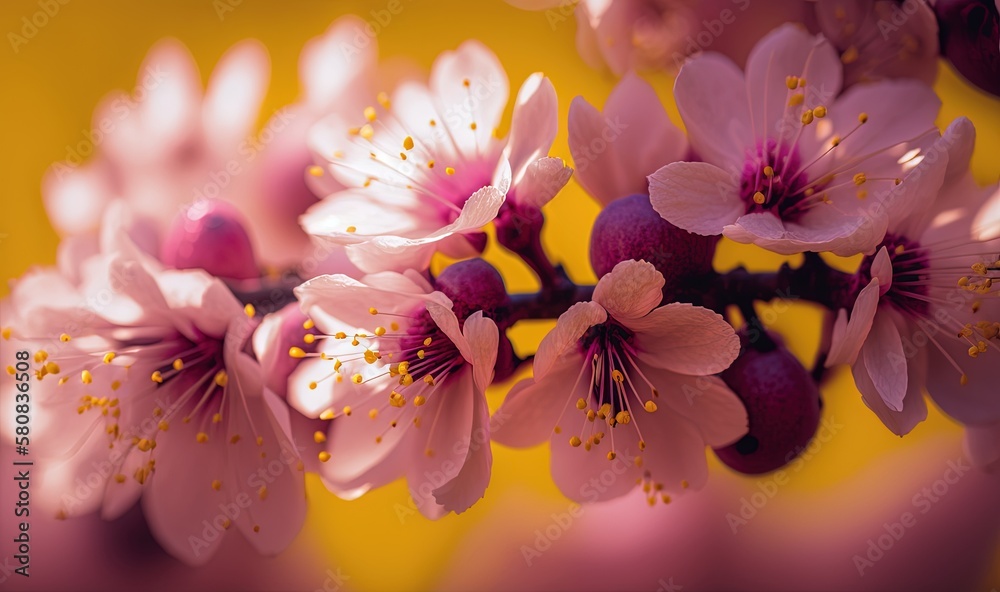  a close up of pink flowers on a branch with a yellow back dropper in the middle of the frame and a 