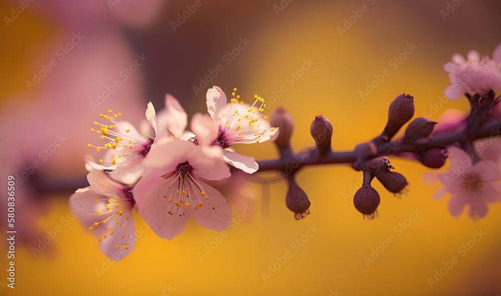  a branch of a tree with pink flowers on its branches and a yellow back ground behind it, with a ye