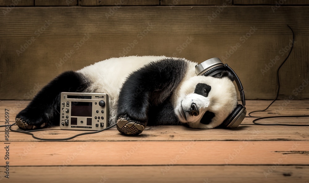  a panda bear laying on top of a wooden floor next to a radio and headphones on the floor next to it