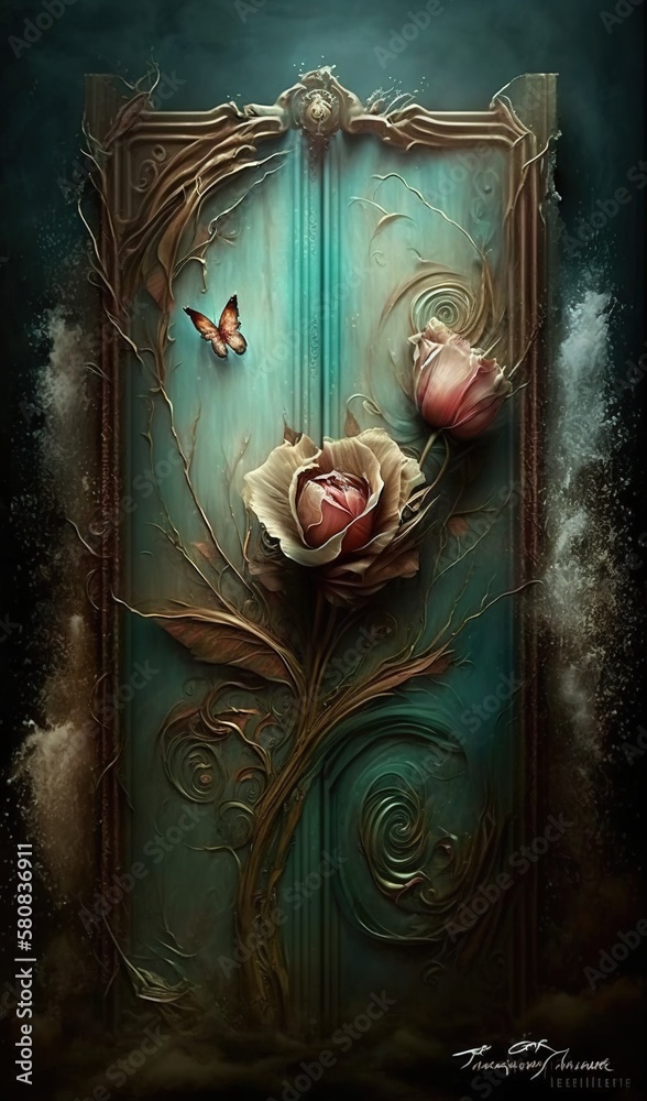  a painting of a door with a rose on it and a butterfly flying over it in the sky above the door is 