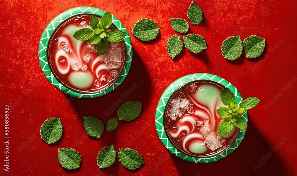  two cups filled with liquid and mint leaves on a red surface with green leaves around them and a re
