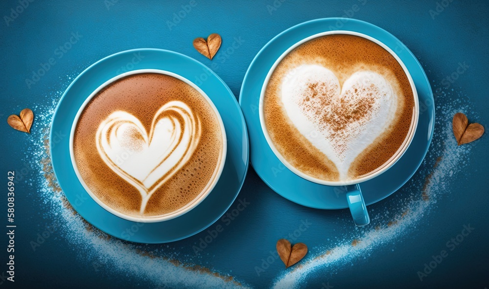  two cups of cappuccino with heart shapes on blue saucers on a blue table with hearts drawn on the t