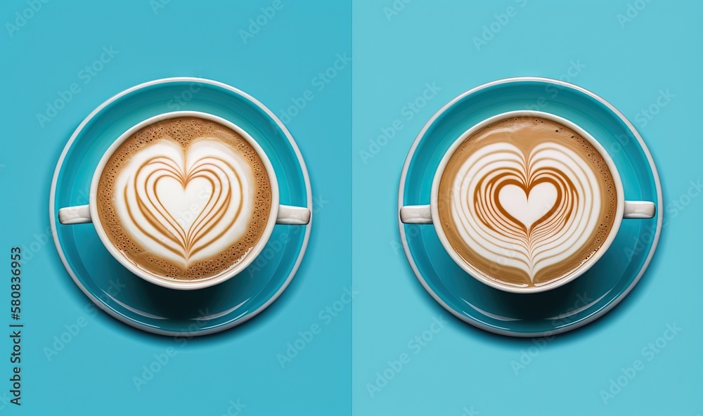  two pictures of a cup of coffee with a heart in it on a blue background and a cup of coffee with a 