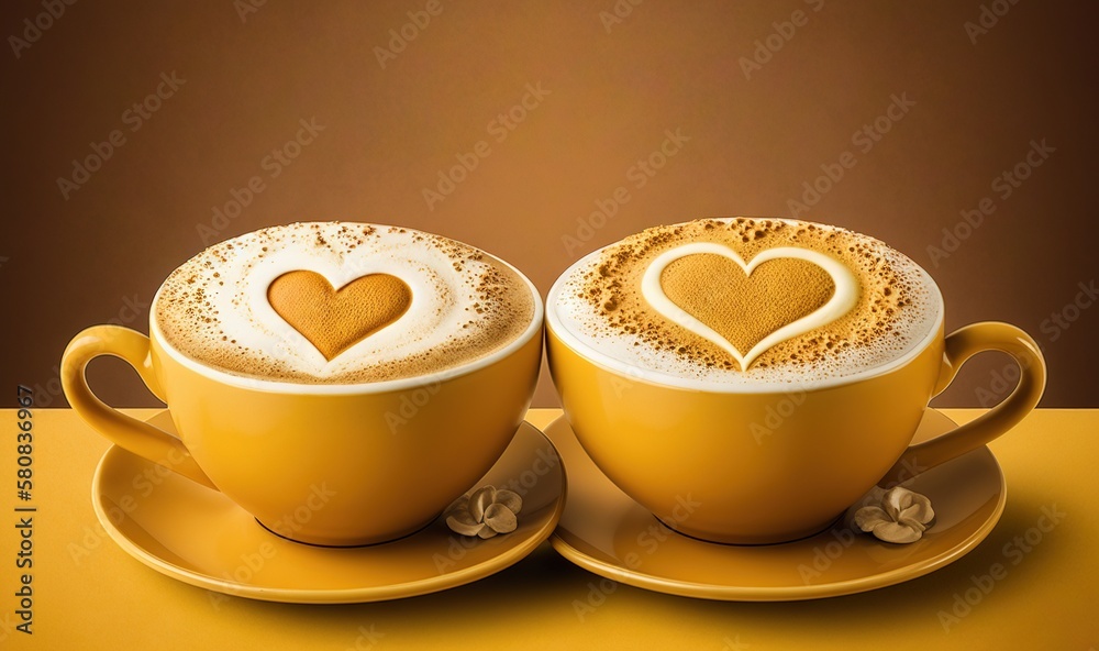  two cups of coffee with hearts on them on a saucer on a yellow table with a brown wall in the backr