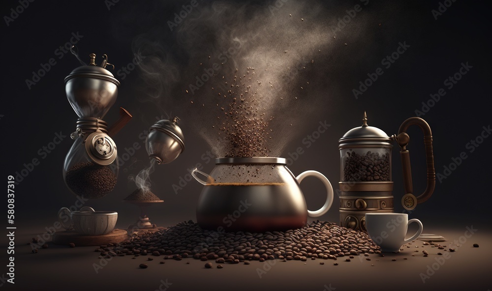  a still life of a coffee pot, kettle, and coffee beans on a dark background with steam coming out o