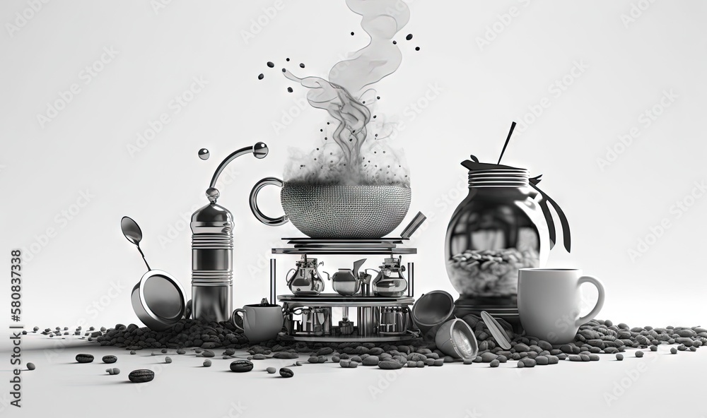  a black and white photo of a coffee pot and cups with steam coming out of it and beans scattered ar