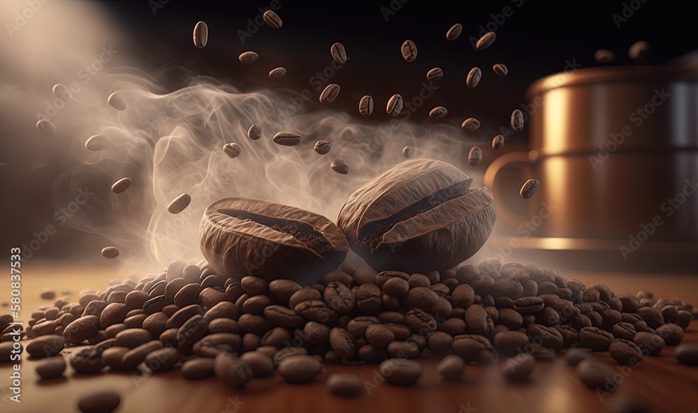  a pile of coffee beans sitting on top of a wooden table next to a pot of steam rising out of the to