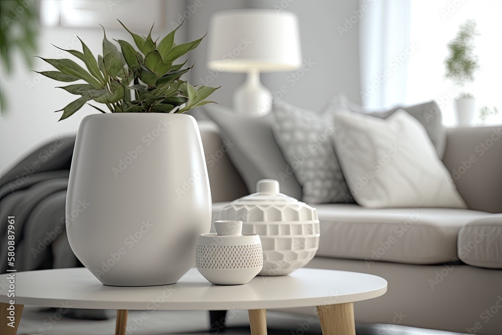 Close up photo of white vessels standing on white end table in bright living room interior with sofa