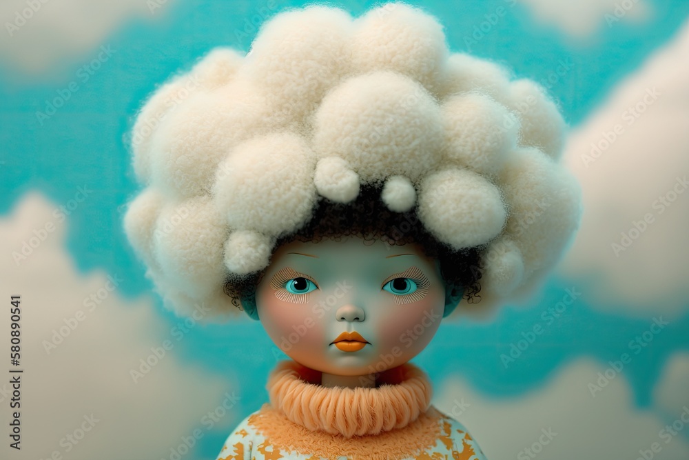 doll of a girl against a soft coral background. Concept of being in the clouds. Generative AI