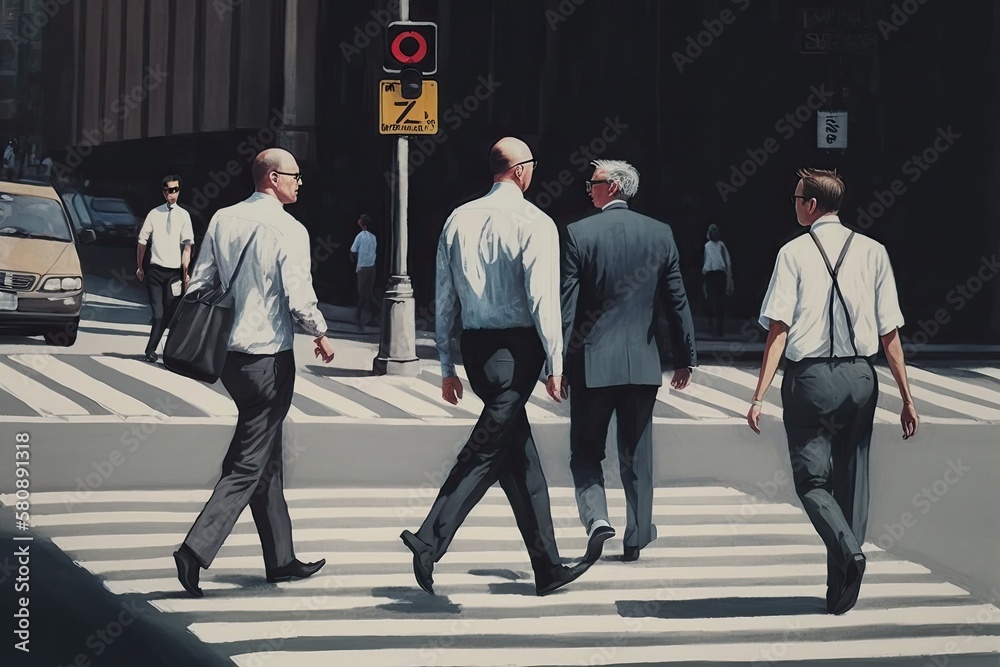 Men walking across the street at a crosswalk. Generative AI