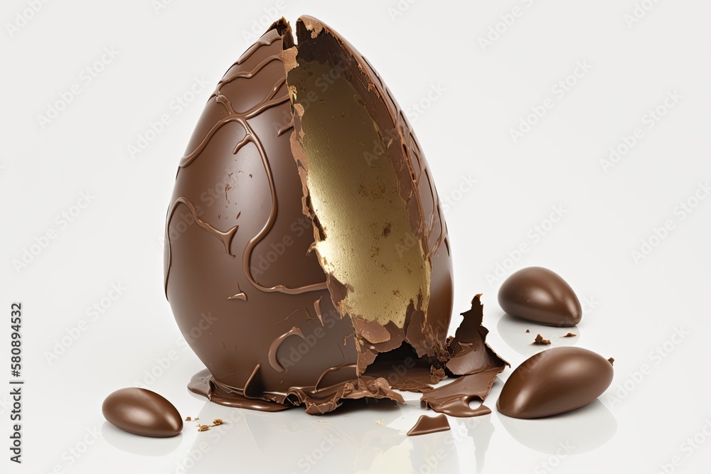 Milk chocolate egg that is broken on a white background. Generative AI