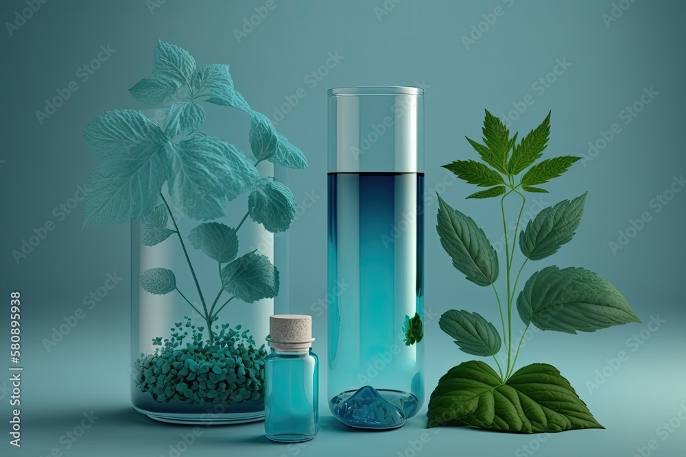 Light blue chemical solution in a glass tube, a glass puff, and an extract of green plants are all e