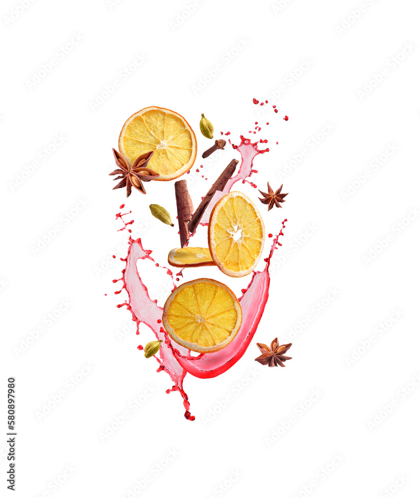 Mix of spices with orange for mulled wine on a white background