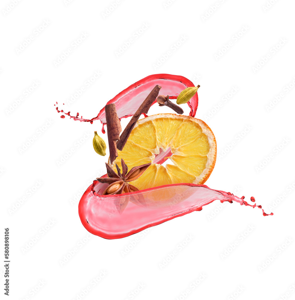 Splash of wine with spices on white background