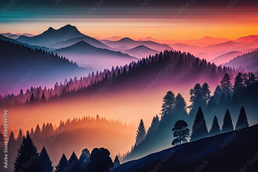 colored sunrise on a mountain slope covered in trees and fog. Generative AI