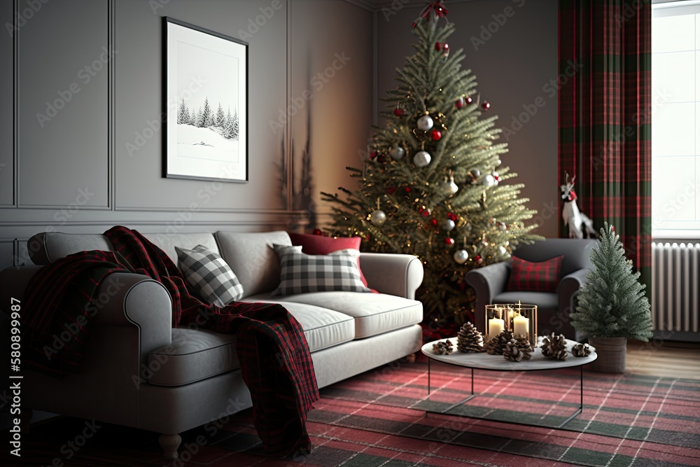 Christmas living room interior in studio apartment. Large decorated Christmas tree, sofa, plaid, gif