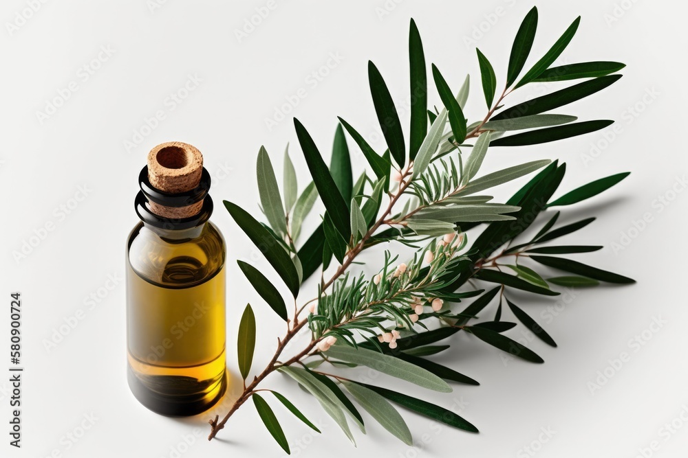 On a white background, a fresh tea tree branch and essential oil. Oil of tea tree (Melaleuca alterni