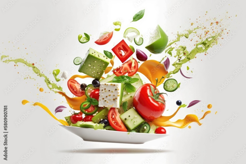flying salad isolated on white background. Greek salad red tomatoes, pepper, cheese, lettuce, cucumb