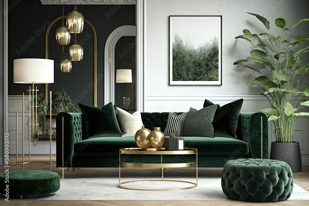 Luxury living room in house with modern interior design, green velvet sofa, coffee table, pouf, gold