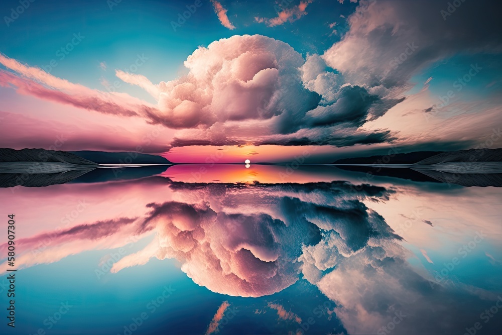 Clear blue sunset sky with glowing pink clouds above the sea. Symmetry reflections on the water, nat