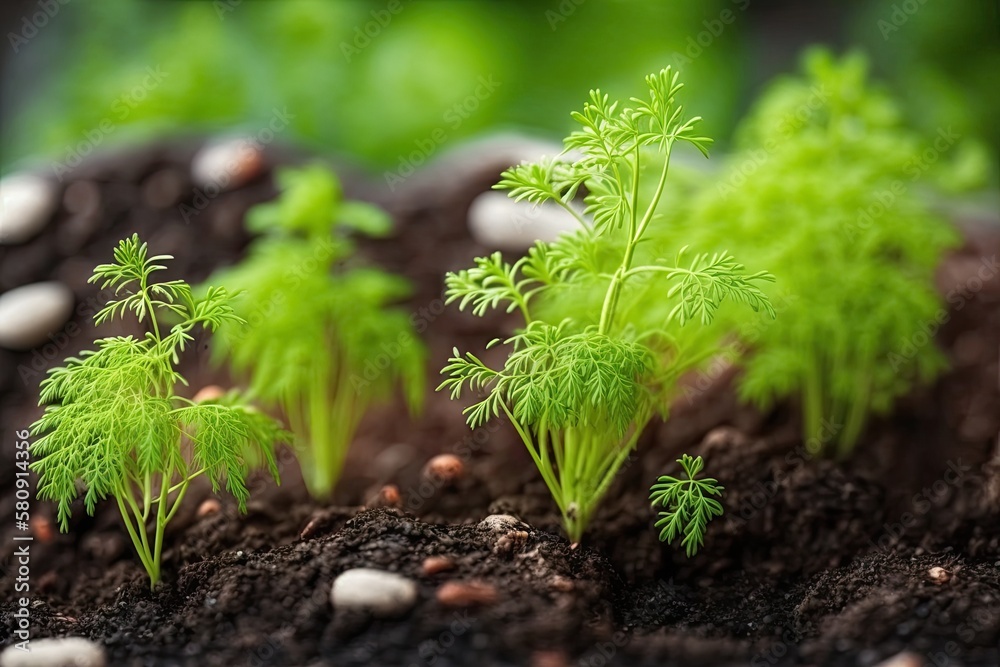 Young, green dill plants in a garden bed. seedlings of dill. sprouts of tiny seedlings. a green back