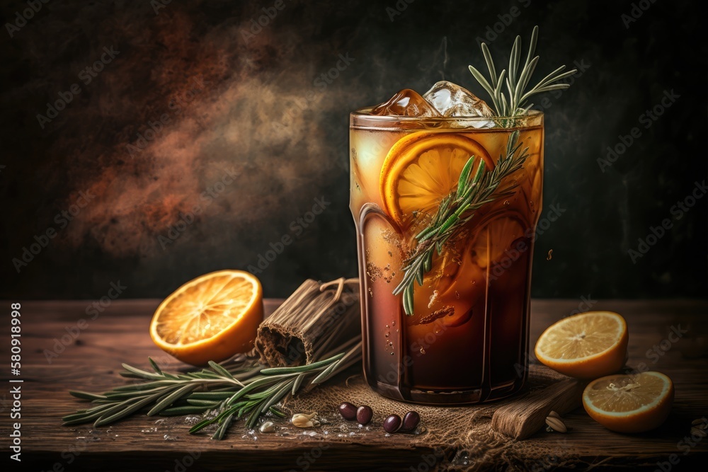 On a wooden background, an iced Americano coffee drink with a layer of orange and lemon juice is gar