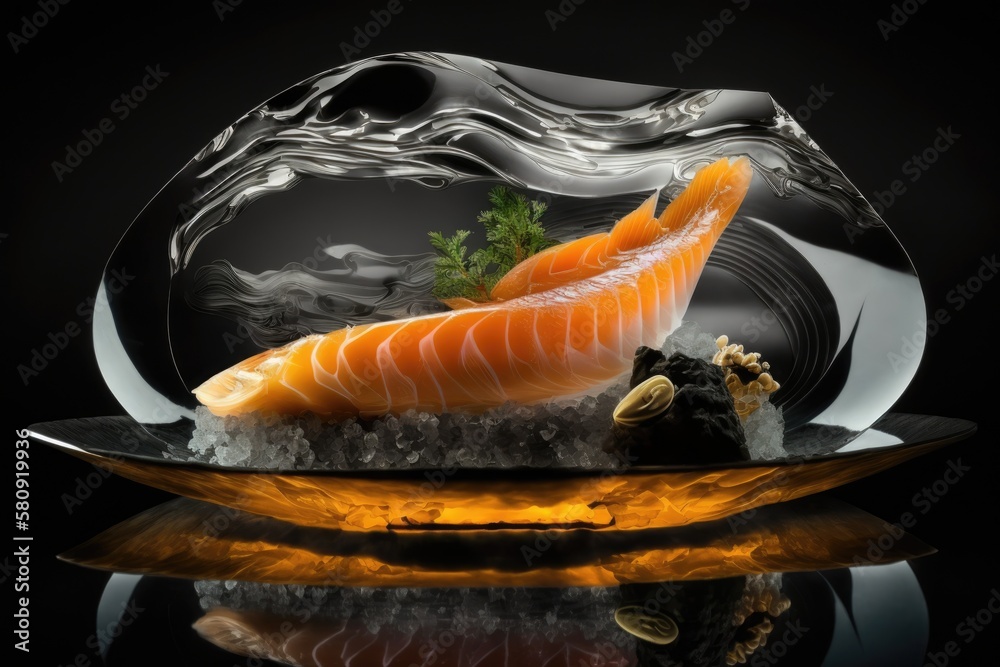 Salmon and mussel levitation sashimi on a black dish. on a dark, reflective background. Generative A