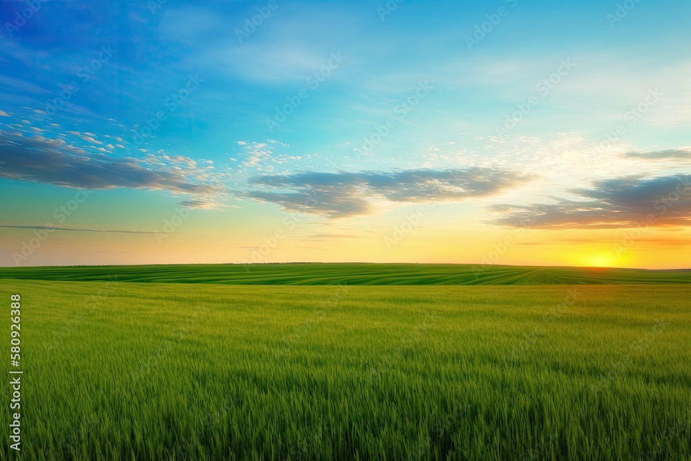 Green field, blue sky, and sparse clouds A vivid sunrise is visible above the horizon. agricultural 