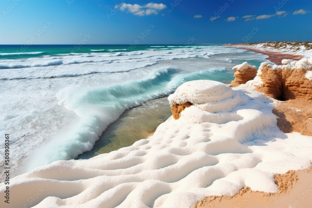 the Mediterranean Sea. white wave foam at sea surf. Israels Apollonia Park. Generative AI