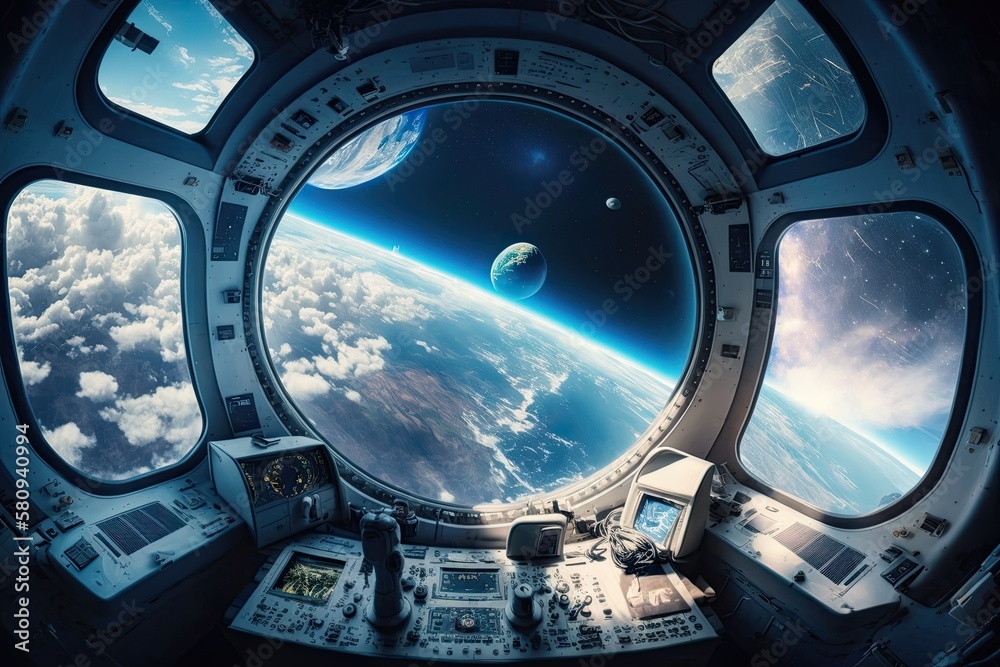NASA provided the white and blue inside of the spaceship as well as the view of Earth from space. Ge