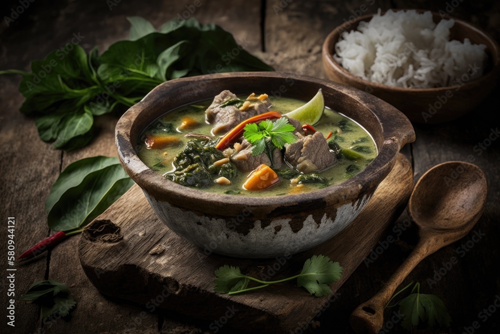 Thai green stew on a rustic wooden backdrop. Generative AI