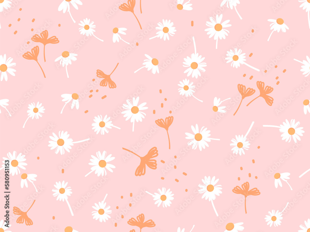 Seamless pattern with daisy flower and orange flower on pink background vector illustration. Cute fl