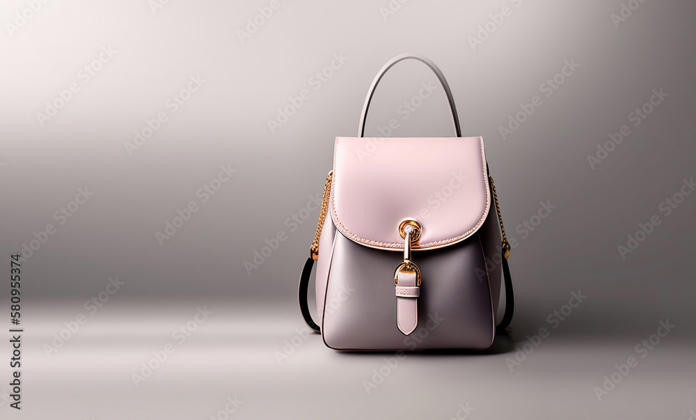 Beautiful trendy smooth youth womens handbag backpack in pink color on a gray studio background. AI