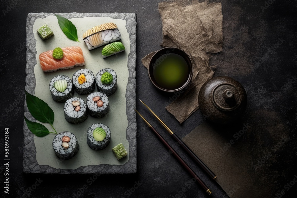 On a stone table with sushi, maki, and green tea. with copy space, the top view. Generative AI