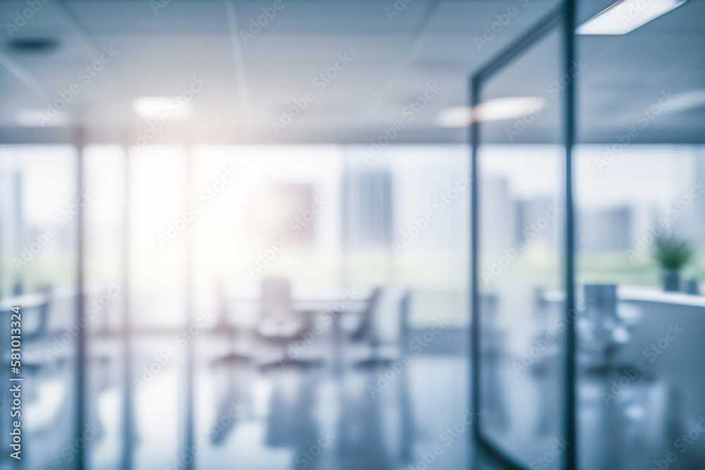 Beautiful blurred background of a light modern office interior with panoramic windows and beautiful 