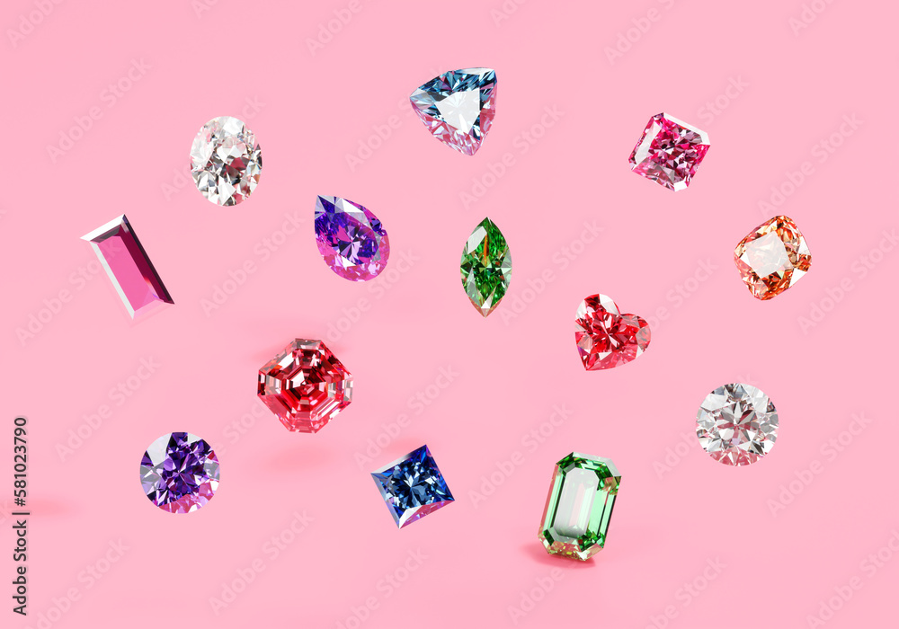 Colorful diamonds isolated on pink background 3d rendering