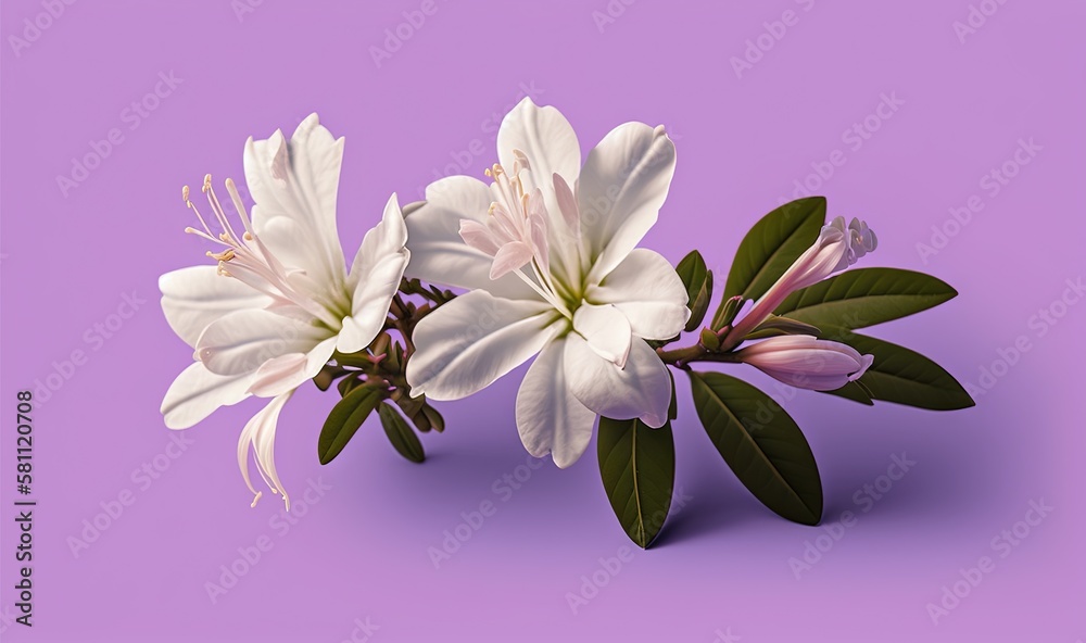  three white flowers with green leaves on a purple background with a purple background and a purple 