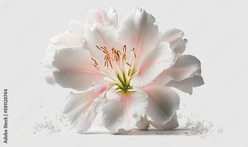  a large white flower with pink stamens on a white background with a few drops of water around it an