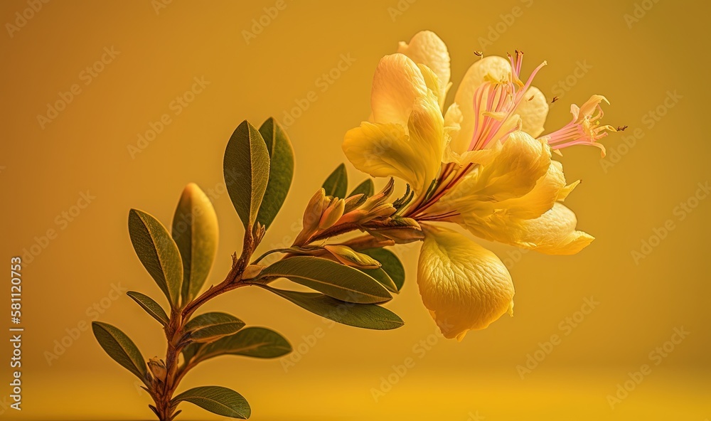  a yellow flower with green leaves on a yellow background with a yellow background and a yellow back