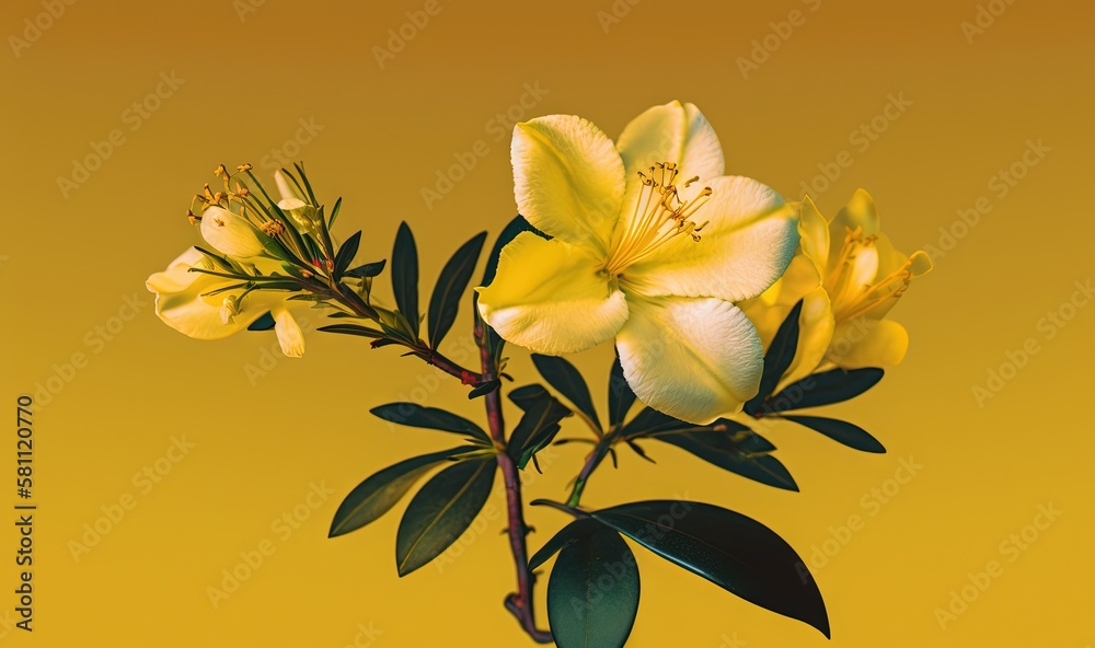  a yellow flower with green leaves in a vase on a yellow background with a yellow background and a y