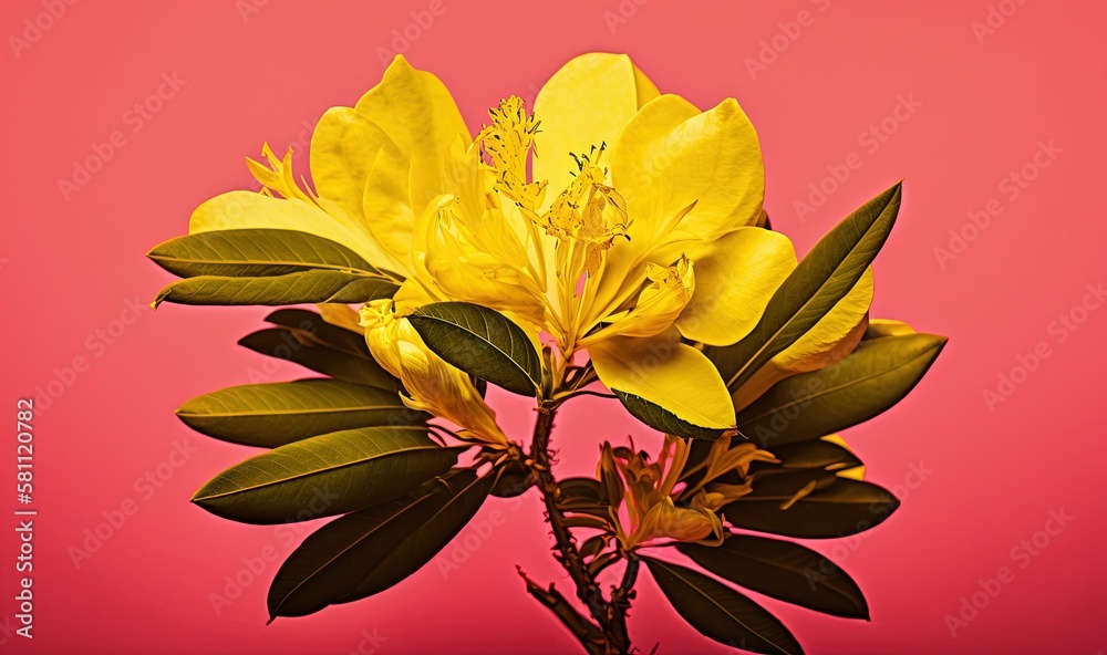 a yellow flower with green leaves on a pink background with a pink background behind it and a pink 