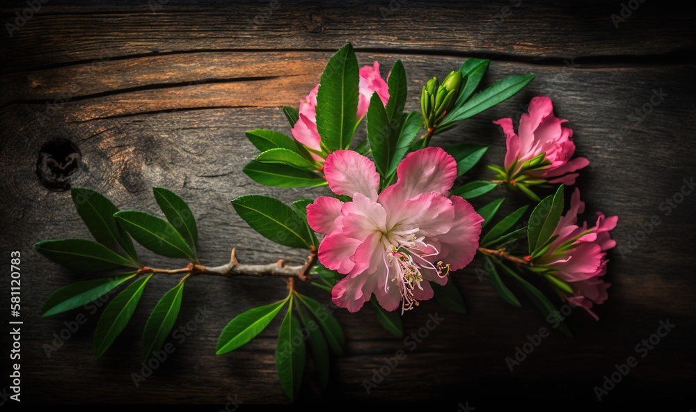  a pink flower on a branch on a wooden surface with leaves and buds on the end of the branch, with a