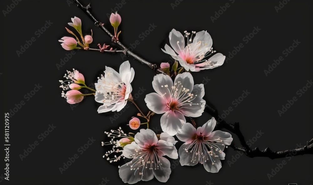  a branch of a tree with white and pink flowers and buds on a black background with a black border a