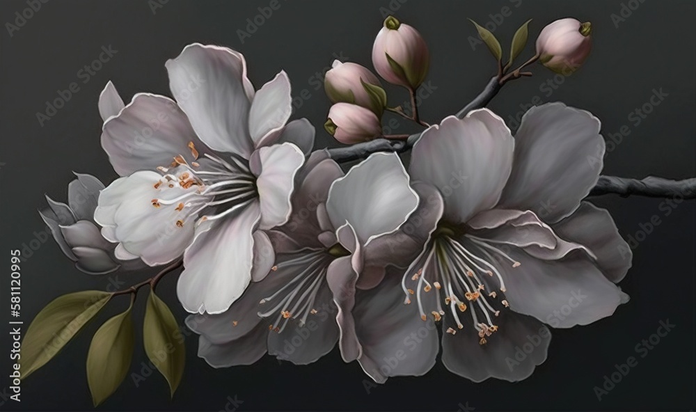  a painting of flowers with green leaves on a black background with a gray background and a black ba