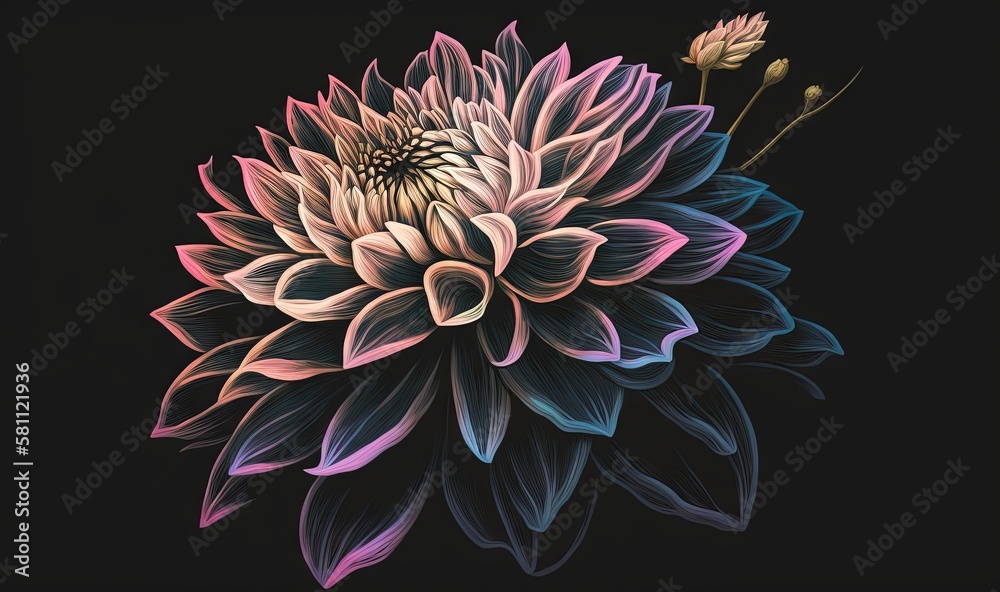  a large flower with pink and blue petals on a black background, with a single flower in the center 