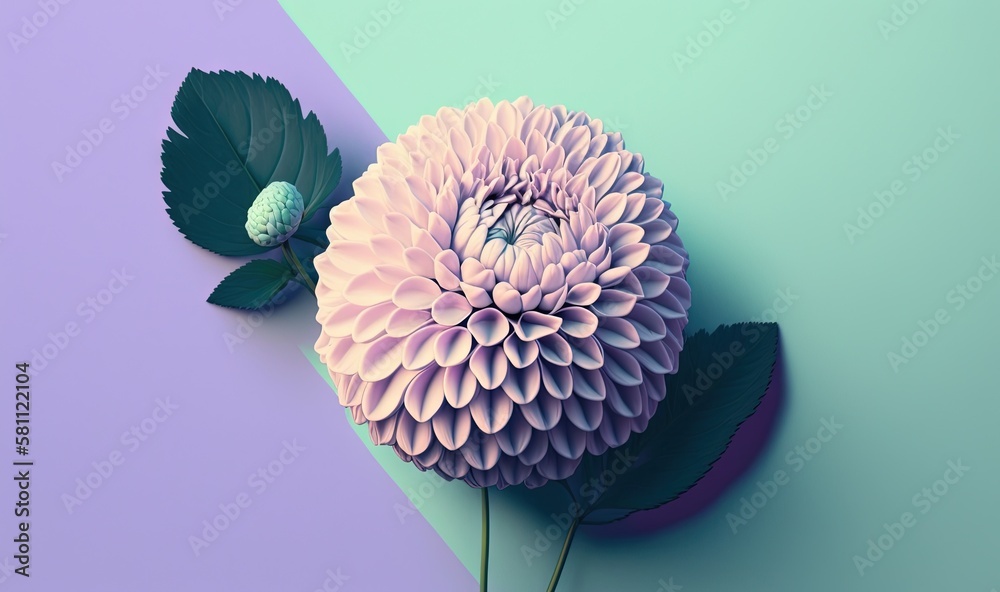  a pink flower with a green leaf on a purple and blue background with a green leaf on the end of the